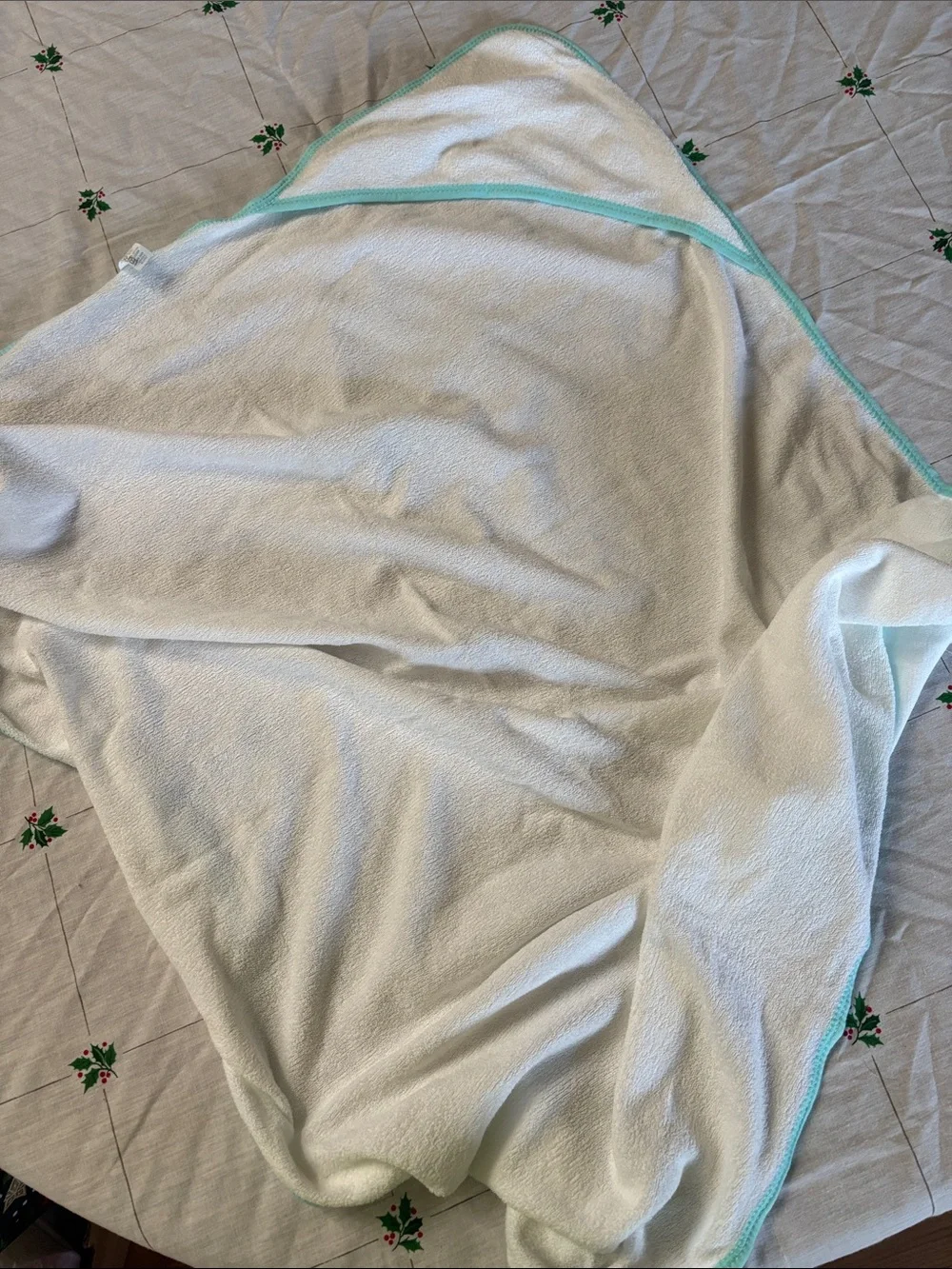 Soft White Hooded Baby Towel with Aqua Trim. Cross Stitch Teady